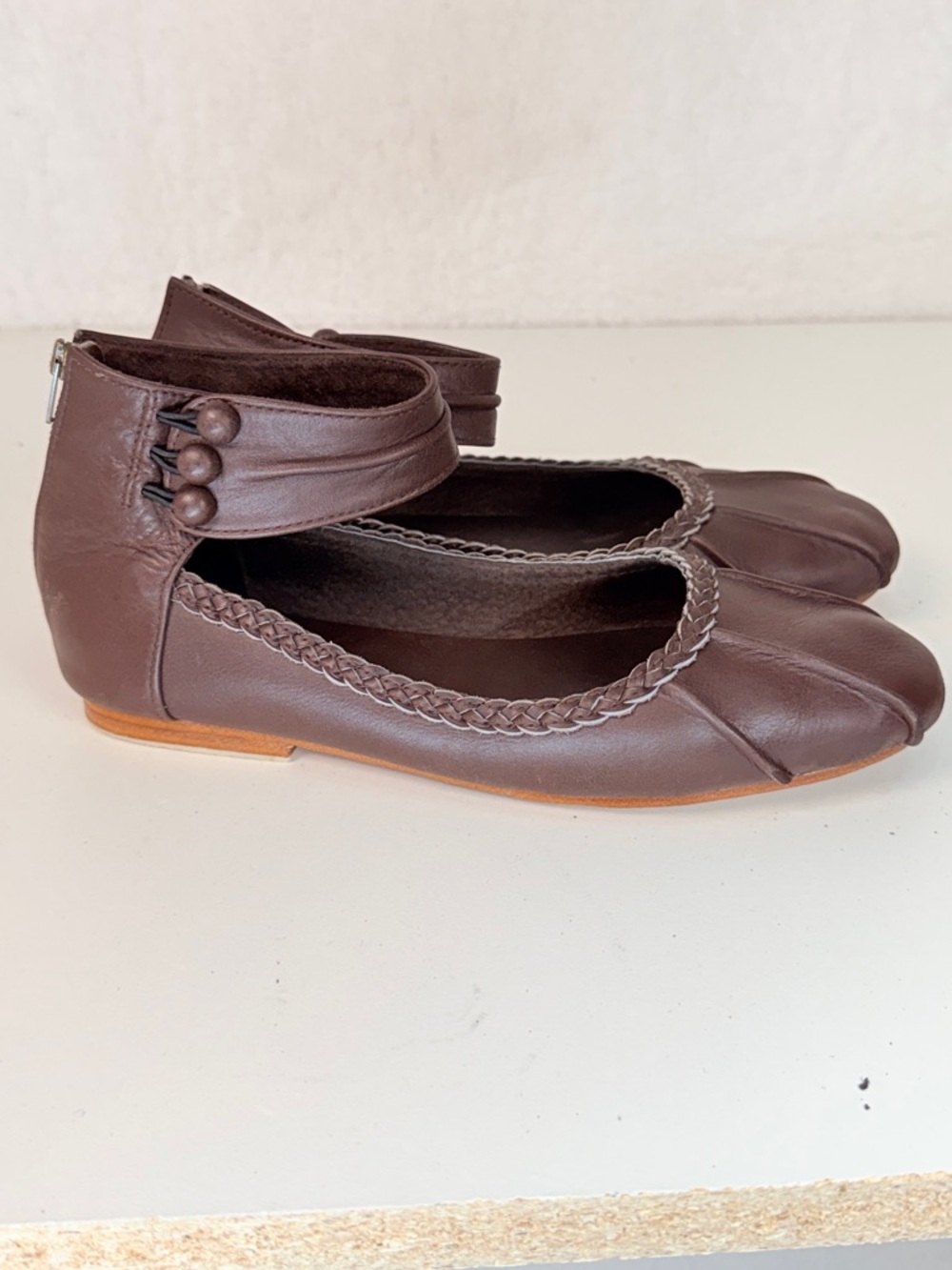 Women's Brown Ankle-Strap Leather Ballet Flats - Picture 2 of 15